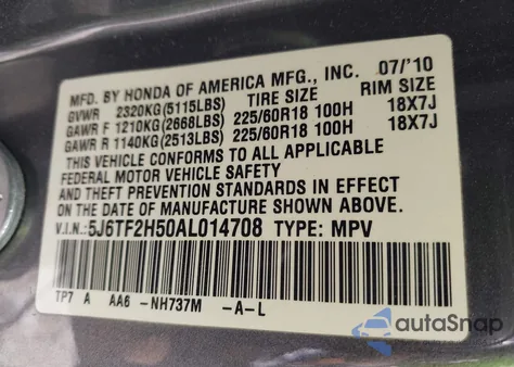 2010 Honda Accord Crosstour Ex-L z USA, uszkodzony, nr VIN 5J6TF2H50AL014708